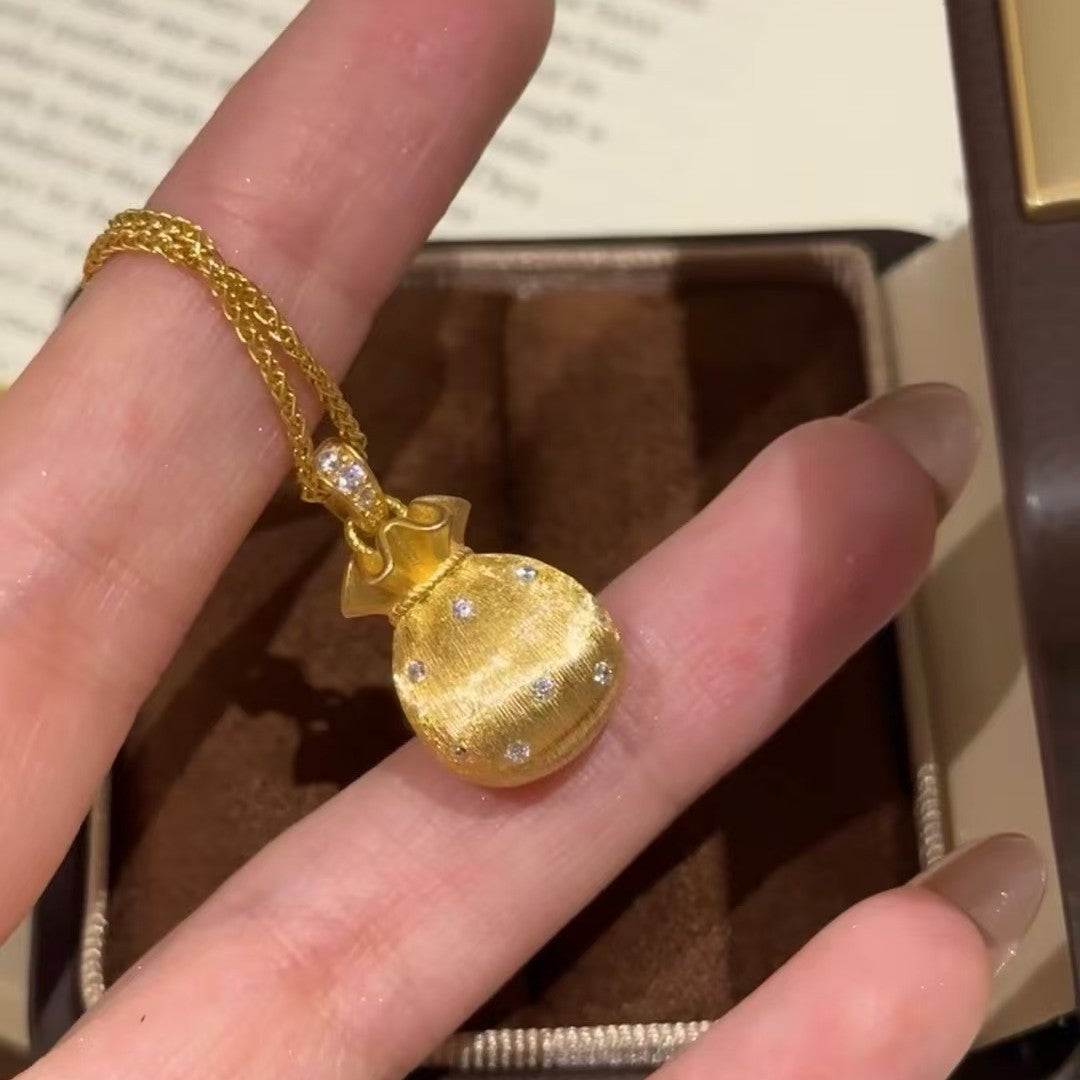 S925Pure Silver New Chinese Style Brushed gold Small Lucky Bag Pendant Necklace Autumn Winter Exquisite High-Value Collarbone Chain