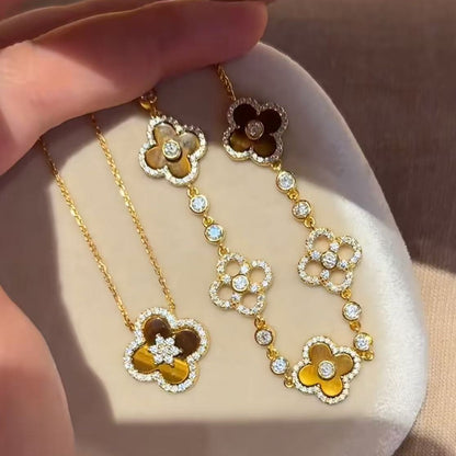 Sterling Silver S925 Tiger Eye Four-Leaf Clover Necklace Earrings Bracelet Set for Women Fashion Versatile Personality Light Luxury High-End Jewelry