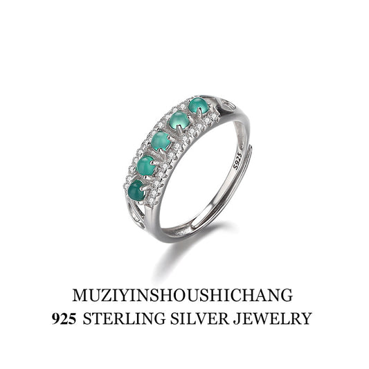 S925Silver Five Green Jade Rings National Trend Row Diamond Emerald Open Ring Exquisite Retro Green Cabochon Handmade Ring