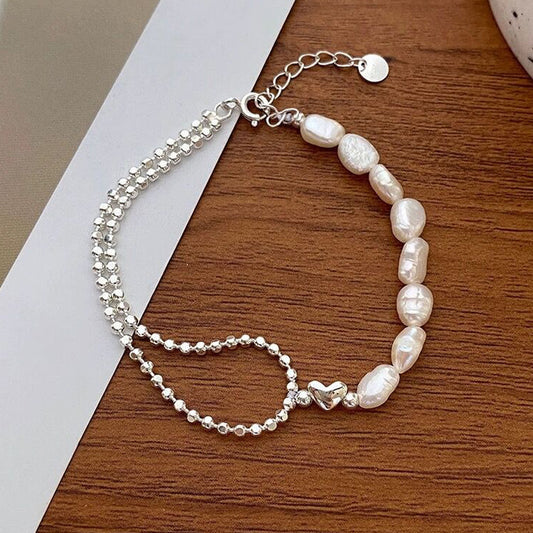 S925 Sterling Silver Baroque Pearl Bracelet for Women, Niche Design Heart Splicing Shiny Round Bead Bracelet, Simple Hand Jewelry