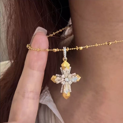 Sterling Silver S925 Brushed Craft Cross Fairy Chain Necklace Vintage Mid-Ancient Light Luxury High-End Niche Design