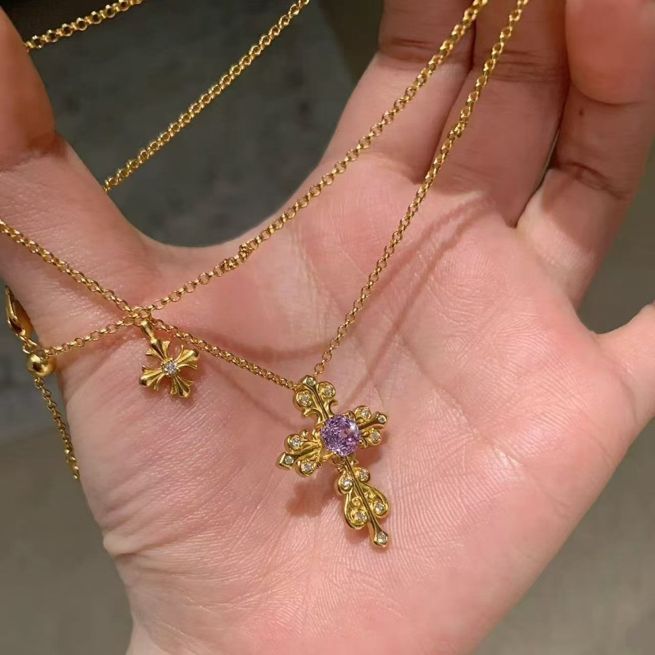 Pure Silver S925 Nine Purple Fire Zircon Iris Flower Cross Necklace Exquisite High-end Elegant Versatile Necklace