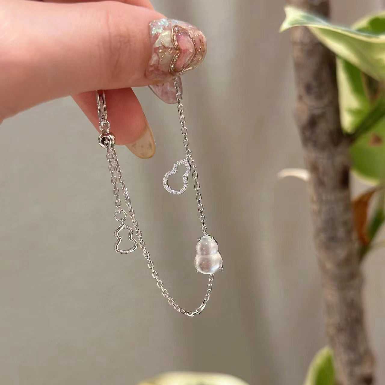 Pure Silver S925 Chinese Style Botanical Water Foam Jade Gourd Pullable Bracelet Niche Ins Style Crystal National Trend
