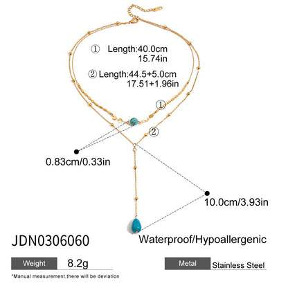 Blue Turquoise Double Layer Titanium Steel Long Necklace Accessories Women Light Luxury High-end Sense Y Chain Stainless Steel Jewelry