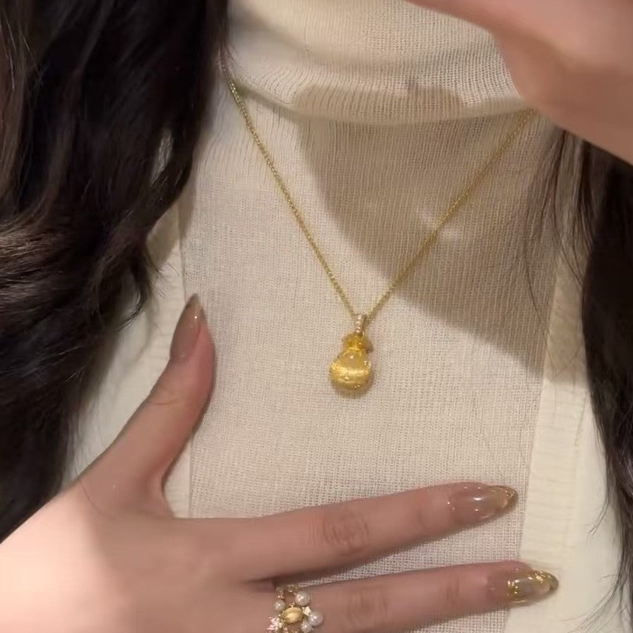 S925Pure Silver New Chinese Style Brushed gold Small Lucky Bag Pendant Necklace Autumn Winter Exquisite High-Value Collarbone Chain