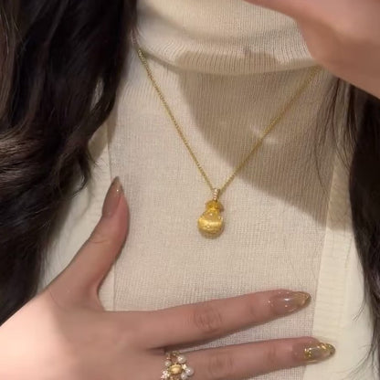 S925Pure Silver New Chinese Style Brushed gold Small Lucky Bag Pendant Necklace Autumn Winter Exquisite High-Value Collarbone Chain