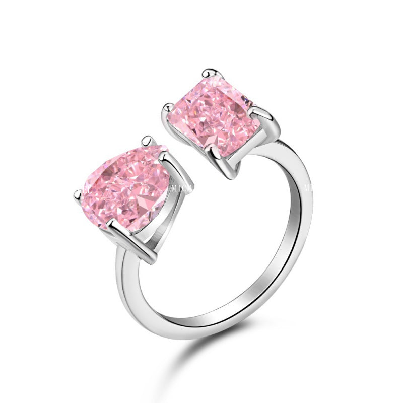 S925 Sterling Silver Ring Inlaid with Pink Water Drop Heart Zircon Ring Row Diamond Ring Pink Diamond Ring