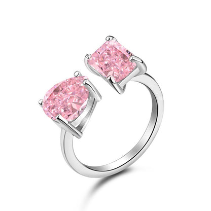 S925 Sterling Silver Ring Inlaid with Pink Water Drop Heart Zircon Ring Row Diamond Ring Pink Diamond Ring