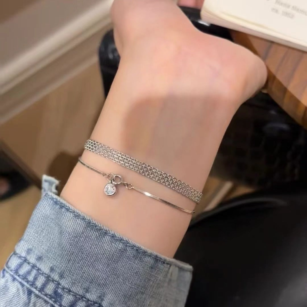 Pure Silver S925 Light Luxury Style High-end Lace Tank Chain Bracelet Layered Wear Style Niche Versatile