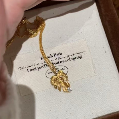 Pure Silver S925 Vintage Brushed Craft Monstera Leaf Pendant Necklace Exquisite High-end Niche Design Collarbone