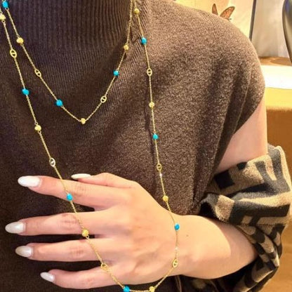 Sterling Silver S925Pig Nose Blue Turquoise Cat Eye Sweater Chain Niche Design Light Luxury High-end Layered Long Collarbone Chain