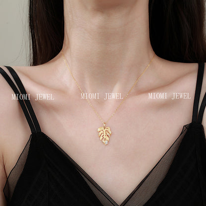 S925 Sterling Silver Vintage Style Brushed Pointed Diamond Gold Branch Jade Leaf Necklace Exquisite Niche Design Leaf Pendant Collarbone Chain