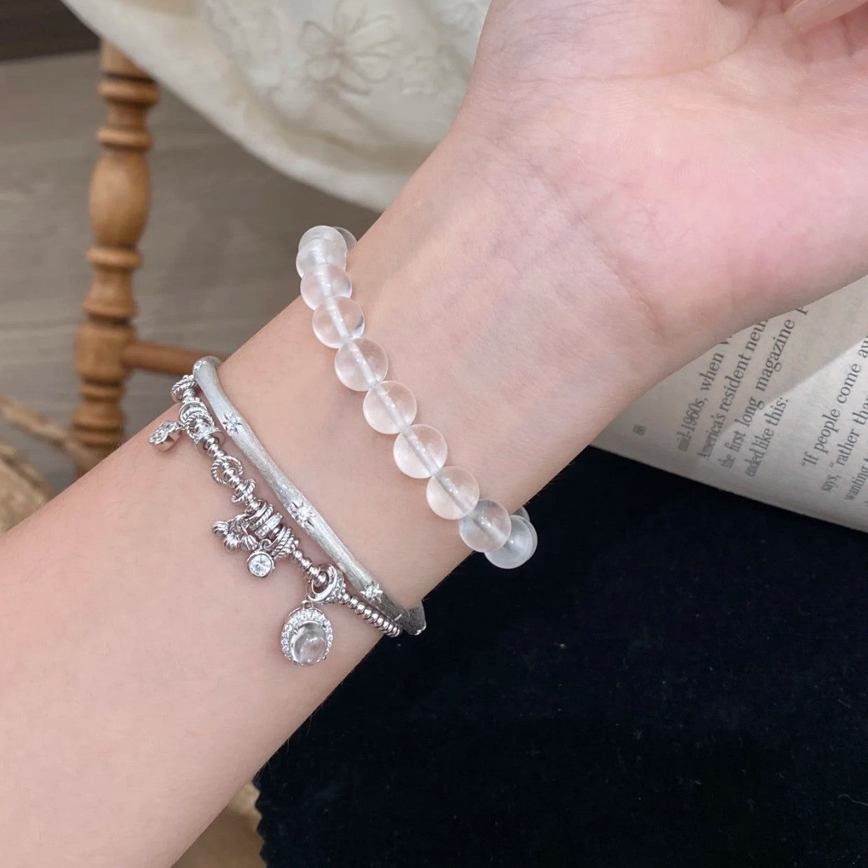 Dragon Heart Style Natural Water Foam Jade Four-Leaf Clover Entwined Bracelet Vintage Fashion Niche Design Versatile High-End Feel