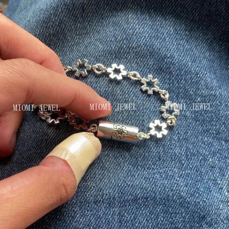 S925 Sterling Silver Star Snowflake Magnetic Clasp Bracelet Niche Personality Retro Hollow Flower Hexagram Bracelet Jewelry