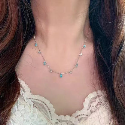 Pure Silver S925 Light Luxury Paraiba Zircon Geometric Water Drop Necklace Simple Trendy Collarbone Chain Fashionable High-end Feel
