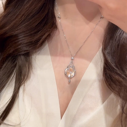 S925 Silver Net Pocket Double A White Crystal Necklace Sweater Chain Vintage Fashion Light Luxury Lady Style Sweater Chain Adjustable Chain