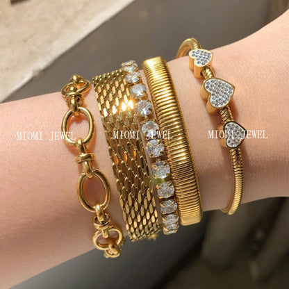 Stackable Bracelet Set Combination Stainless Steel Exquisite Diamond-Encrusted Wide Strap Mesh Chain Heart Bracelet Versatile Set
