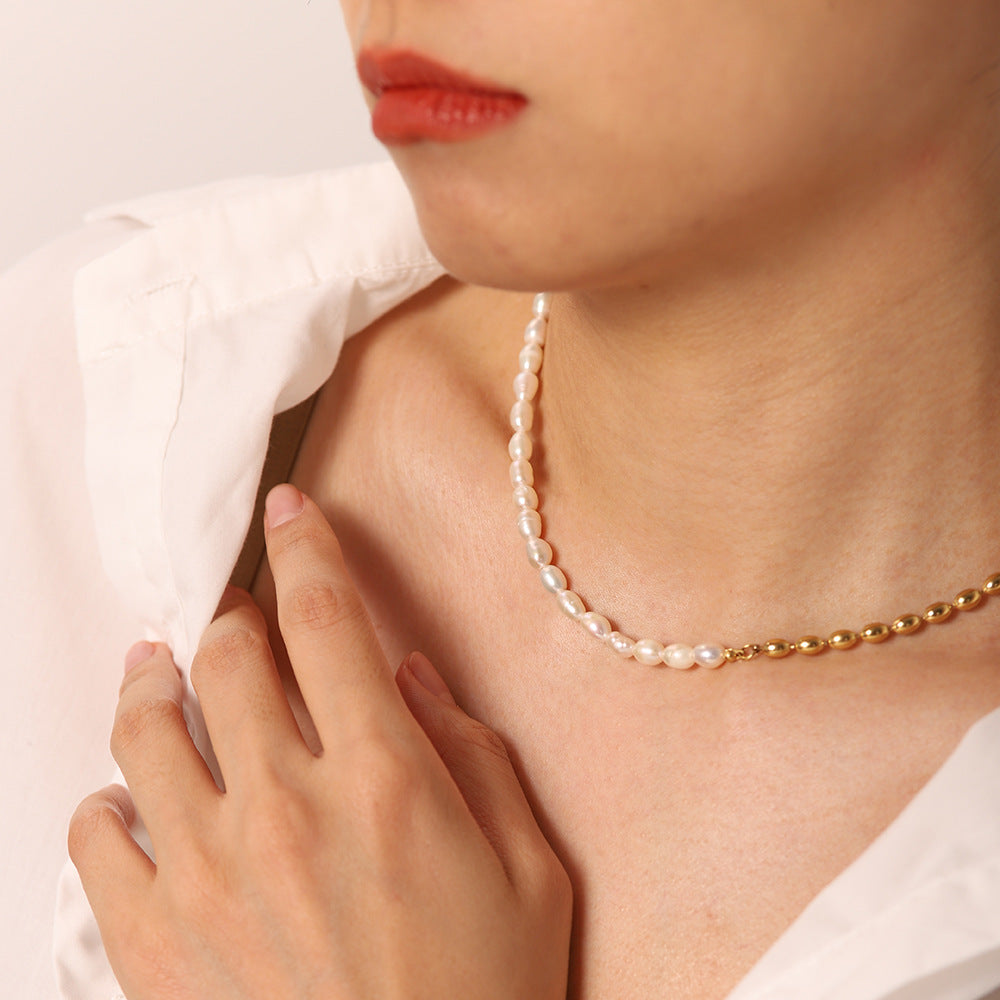 INS Half Freshwater Pearl Half 18K Gold Plated Bead Ball Simple Stainless Steel Jewelry Short Necklace Trendy Accessories for Women