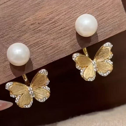 Sterling Silver S925 Brushed Craft Natural Shell Pearl Butterfly Dual-use Earrings Light Luxury Exquisite Versatile Elegant New Earrings