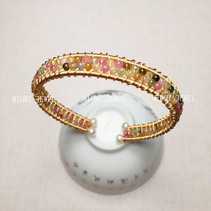 Tourmaline Bracelet 14K Gold Filled Handmade Wire Wrapping Craft Freshwater Pearl Finish Women's Stone