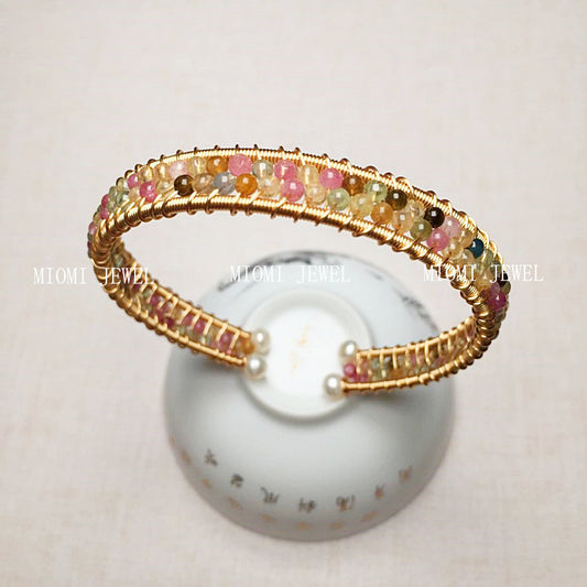 Tourmaline Bracelet 14K Gold Filled Handmade Wire Wrapping Craft Freshwater Pearl Finish Women's Stone