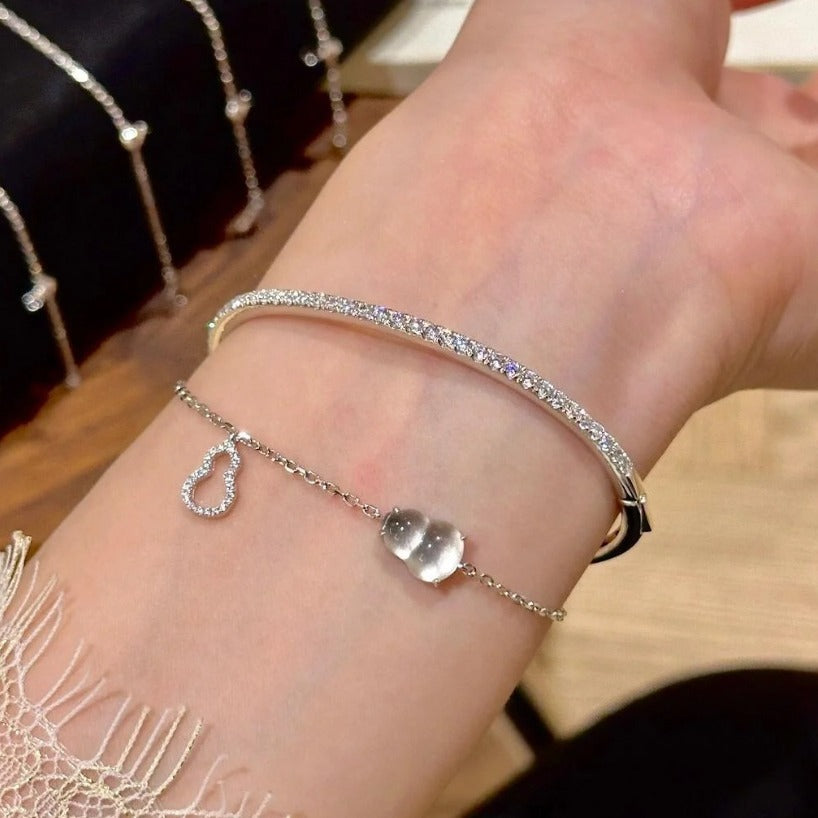 Pure Silver S925 Chinese Style Botanical Water Foam Jade Gourd Pullable Bracelet Niche Ins Style Crystal National Trend