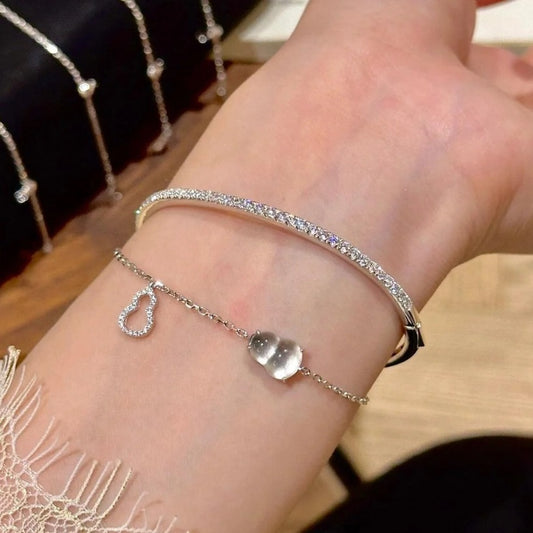 Pure Silver S925 Chinese Style Botanical Water Foam Jade Gourd Pullable Bracelet Niche Ins Style Crystal National Trend