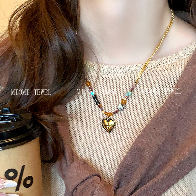 natural Tiger Eye Stone Heart Beaded Necklace Vintage Autumn Winter Elegant Simple Collarbone Chain
