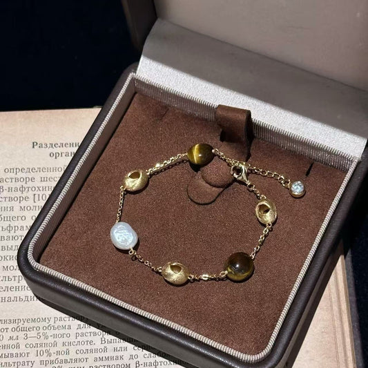 Pure Silver S925 Brushed Craft Small Gold Bean Tiger Eye Baroque Bracelet Vintage Light Luxury Elegant Atmosphere Autumn Winter Jewelry