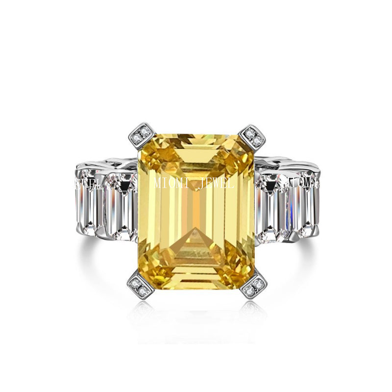 Cross-Border Hot S925 Sterling Silver Yellow Diamond Ring Female Noble Super Flash Ice Flower Cut High Carbon Diamond 8A Zircon Ring