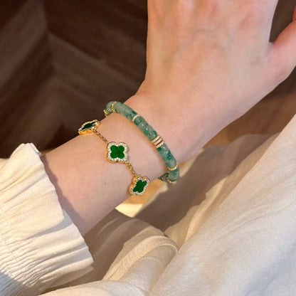Pure Silver S925 Jade Green Four-Leaf Clover Double-Sided Three-Flower Single-Flower Bracelet Fresh and Luxurious Niche Style Elegant Jewelry