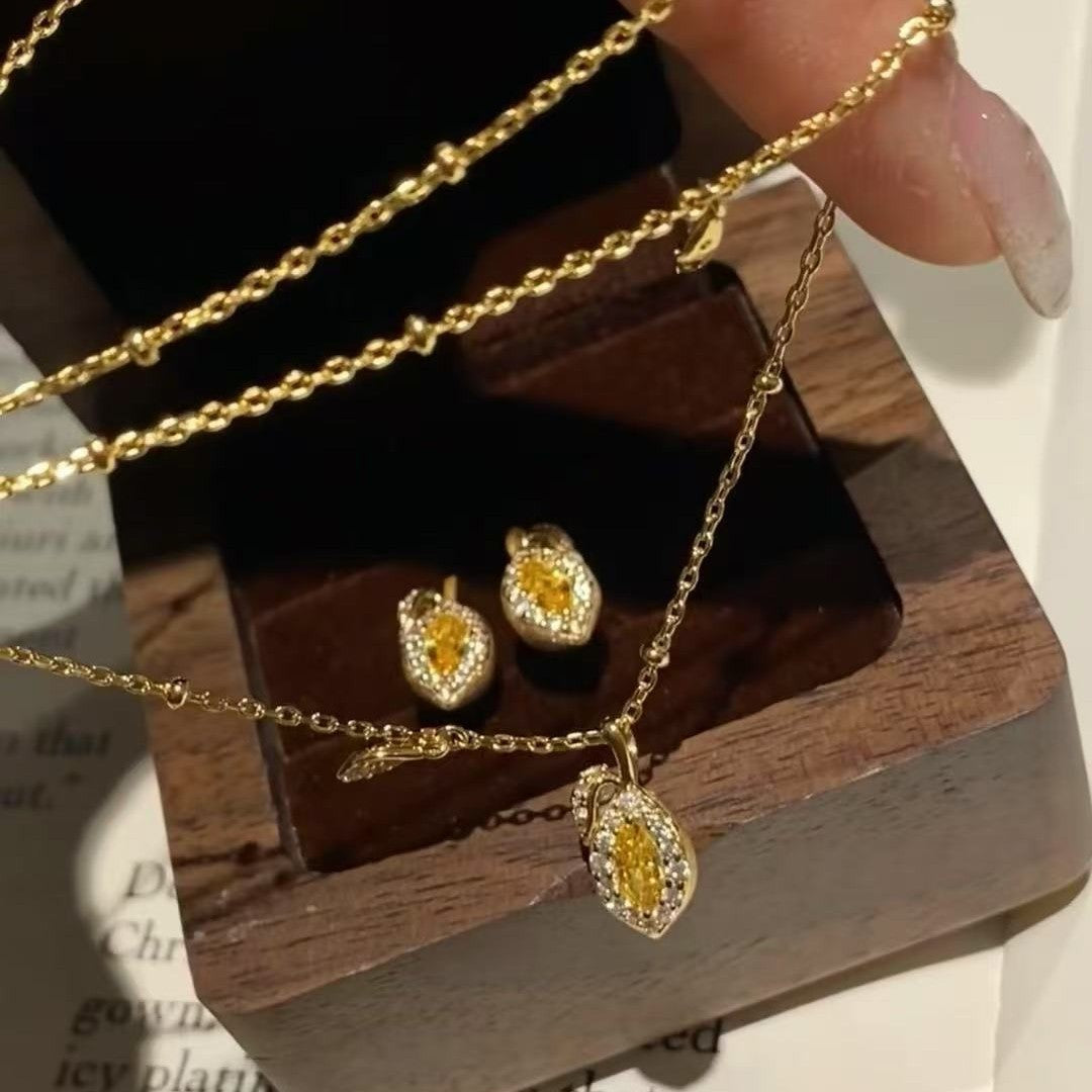 Pure Silver S925 Summer High Carbon Diamond Yellow Diamond Brushed Craft Fruit Series Lemon Necklace Earrings High-end Vintage