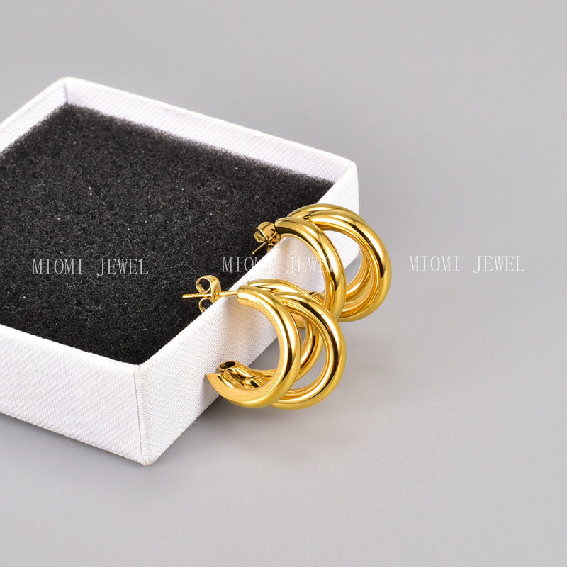 E68 Hong Kong Style Retro Three-Layer C-Shaped Hollow Round Tube Earrings Studs Wholesale Jewelry Accessories