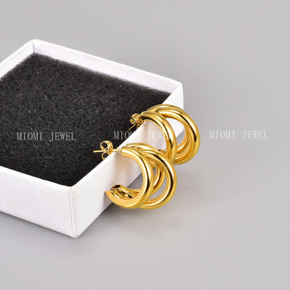 E68 Hong Kong Style Retro Three-Layer C-Shaped Hollow Round Tube Earrings Studs Wholesale Jewelry Accessories