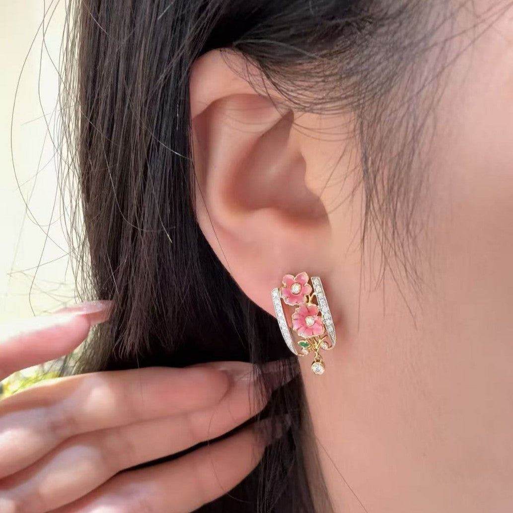 Pure Silver S925 New Chinese Style Ethnic National Style Enamel Craft Earrings with Sparkling Diamonds and Oil Drip Exquisite Light Luxury Niche Earrings