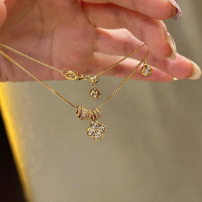 S925 Sterling Silver Circle Running Ring Four-Leaf Flower Necklace Fashion Versatile Niche Collarbone Chain for Women