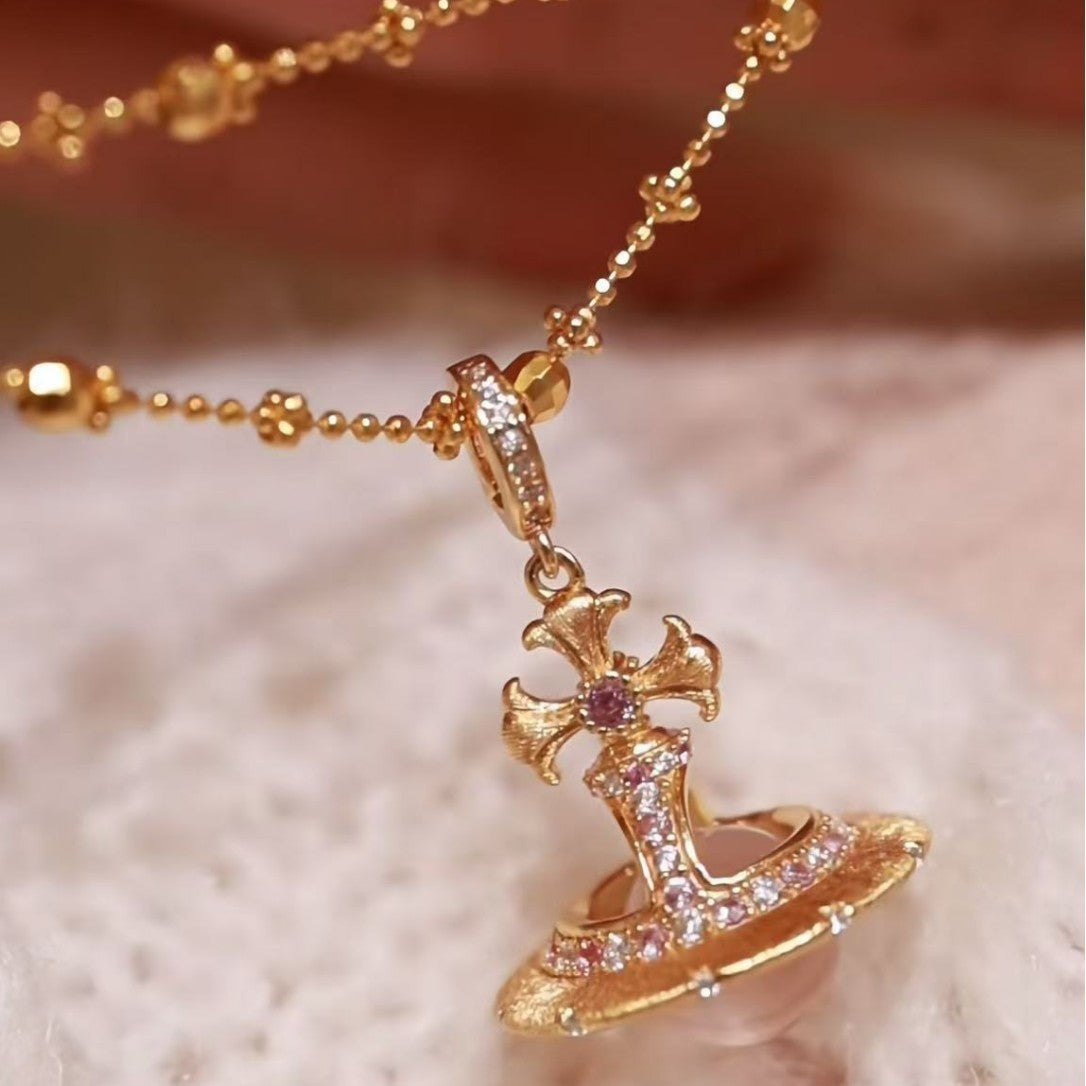 Pure Silver S925 Brushed Craft Natural Pink Quartz Saturn Necklace Earrings Fairy Chain Set Light Luxury Exquisite High-end Feel