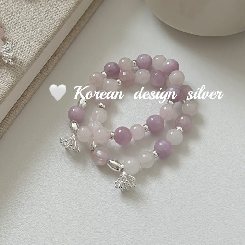 Korean Style Simple High-End Fresh S925 Sterling Silver Purple Mica Pink Crystal Flower Pistil Elastic Cord Bracelet for Women
