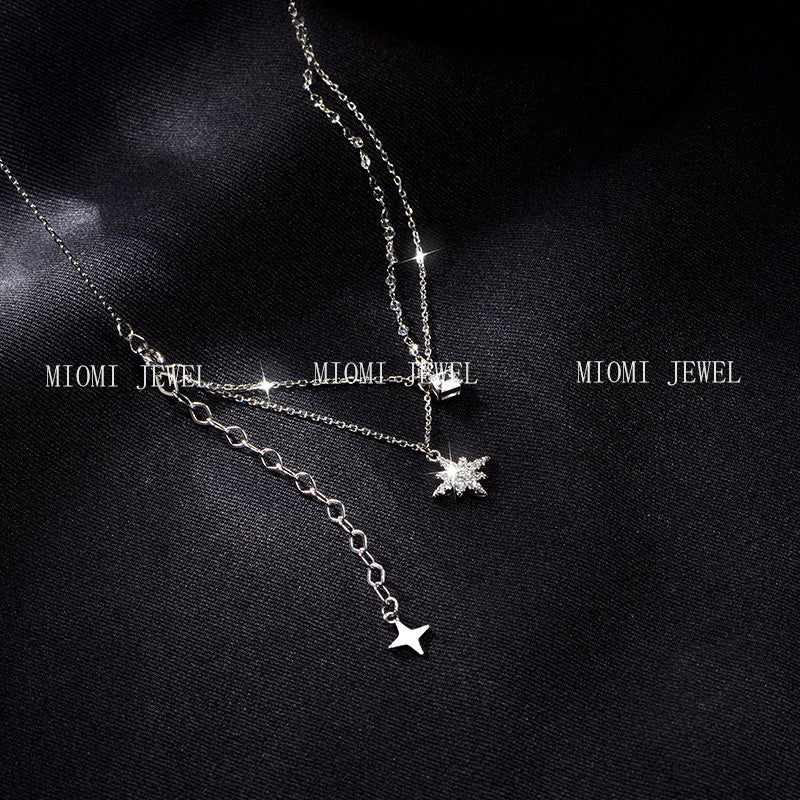 S925 Sterling Silver Sparkling Diamond Hexagram Necklace for Women Minimalist Double Layer Tassel Collarbone Chain