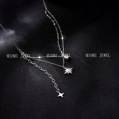 S925 Sterling Silver Sparkling Diamond Hexagram Necklace for Women Minimalist Double Layer Tassel Collarbone Chain
