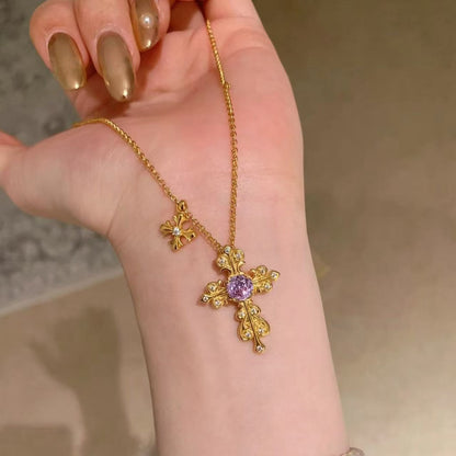 Pure Silver S925 Nine Purple Fire Zircon Iris Flower Cross Necklace Exquisite High-end Elegant Versatile Necklace
