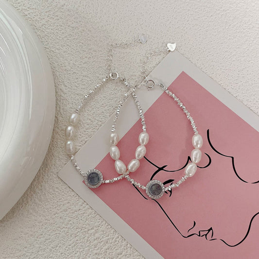 S925 Silver Fragment Aquamarine Bracelet for Women, Light Luxury Elegant Natural Freshwater Pearl Beaded Bracelet, Niche Jewelry