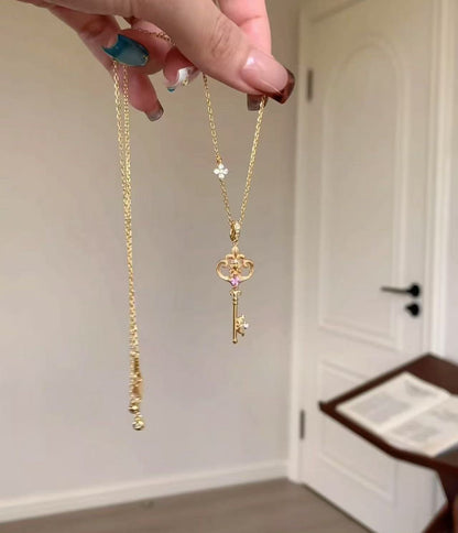 Sterling Silver S925Brushed Craft Iris Flower Fairy Wand Key Necklace for Women, Niche Light Luxury High-end Collarbone Chain