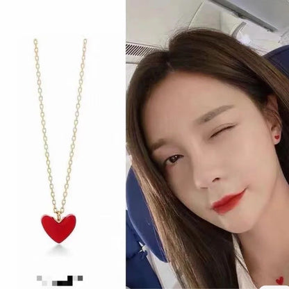 AHKAK Pure Silver 18K Gold Plated Small Red Heart Necklace Large Collarbone Chain Ins Style Niche Fashion Simple Trendy