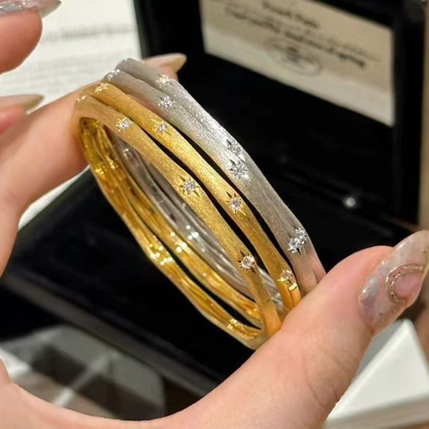 Pure Silver S925 Vintage Brushed Craft Ribbon Starlight Brushed Bracelet Thin Women's Simple Circle Inlaid Diamond Bangle