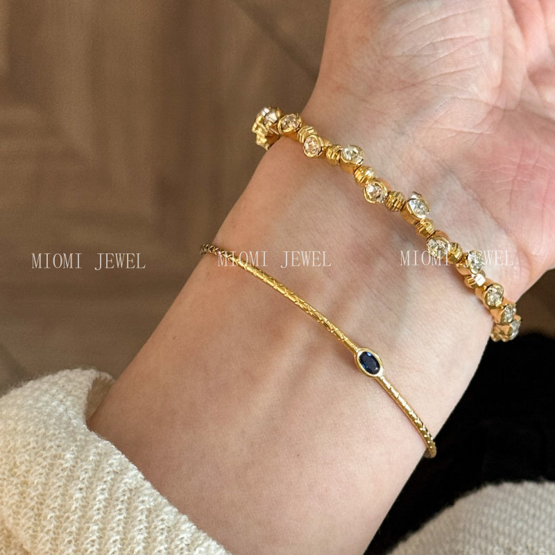 Autumn Winter Layered Gold Blue Hao Stone Vertical Pattern Wide Edge Thin Half Bracelet Vintage Simple Elegant High-end Bracelet for Women