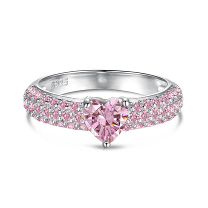 925 Sterling Silver Women's INS Heart Pink Ring Pink Diamond Sugar Cube Super Sparkling High Carbon Diamond Ring Wedding Ring