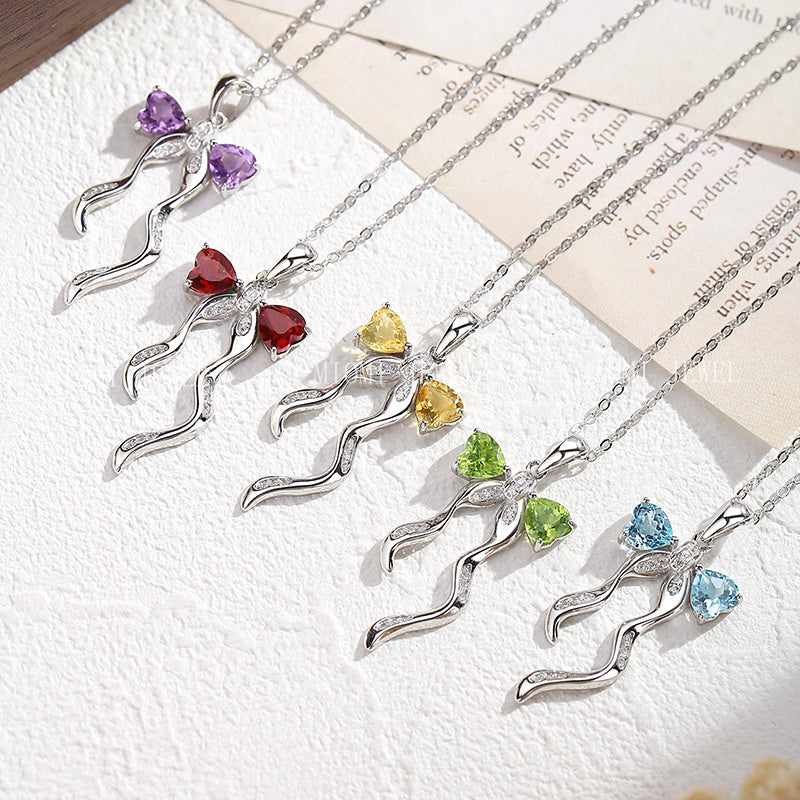 S925 Sterling Silver Ribbon Bow Necklace for Women Korean Style Natural Crystal Stone Niche Topaz Pendant for Women