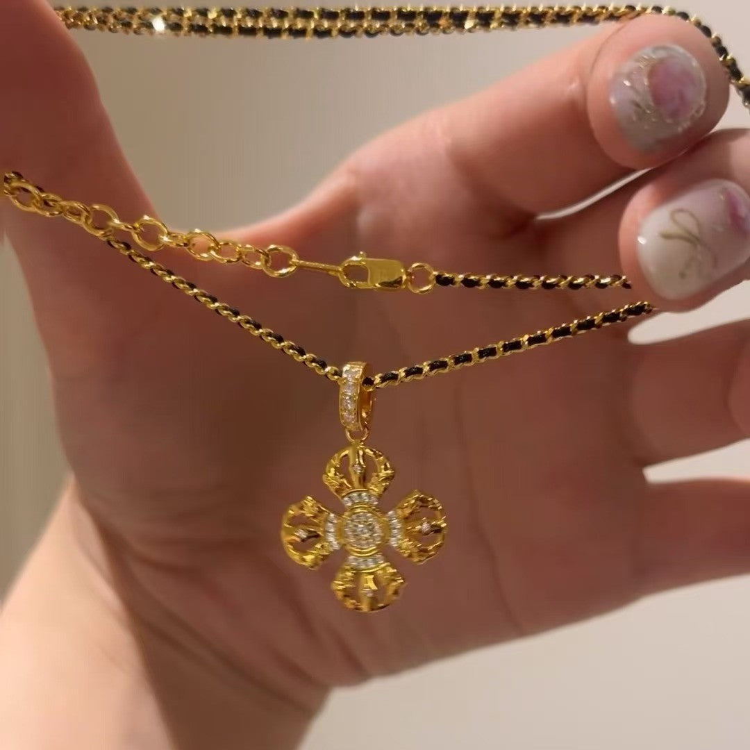 Italian Craft Vintage Style Pure Silver S925 Vajra Black Rope Necklace Collarbone Chain Elegant High-end