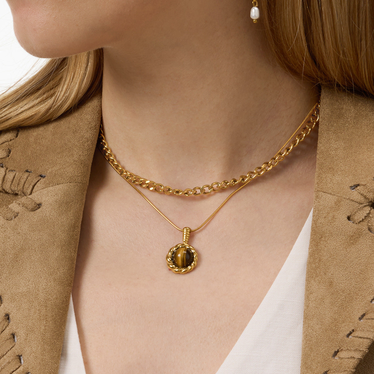 Titanium Steel Tiger Eye Necklace Accessories for Women, Light Luxury High-End Clavicle Chain, Stainless Steel Jewelry, Non-Fading